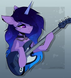 Size: 1239x1356 | Tagged: safe, artist:_candypone_, izzy moonbow, pony, unicorn, g5, bass guitar, female, goth, goth izzy, mare, musical instrument, simple background, solo