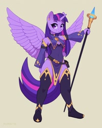 Size: 1600x2000 | Tagged: safe, artist:asimos, twilight sparkle, alicorn, anthro, plantigrade anthro, g4, boots, breasts, clothes, detached sleeves, fantasy class, female, shoes, simple background, solo, sorcerer, spread wings, staff, thigh boots, twilight sparkle (alicorn), warrior, warrior twilight sparkle, wings, yellow background