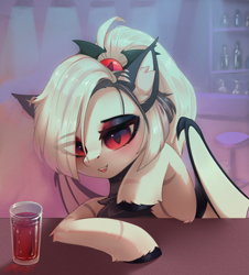 Size: 2395x2650 | Tagged: safe, artist:anku, oc, oc only, oc:nightlight snow, bat pony, pony, bat wings, drink, ear fluff, eye clipping through hair, eyeshadow, female, high res, looking at you, makeup, mare, pony oc, solo, table, wings