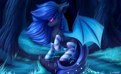 Size: 4500x2748 | Tagged: safe, artist:neonishe, oc, oc only, oc:ebony rose, bat pony, pony, bat pony oc, clothes, commission, commissioner:wolfgangrd, complex background, cute, fangs, flower, forest, high res, looking at you, socks, solo, spread wings, stockings, striped socks, thigh highs, tree stump, wings
