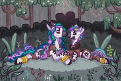 Size: 3000x2000 | Tagged: artist needed, source needed, safe, princess celestia, zecora, oc, oc:unise, zebra, g4, canon x oc, celenise, clothes, duo, forest, high res, jungle, loincloth, lying down, nose to nose, prone, species swap, tribal, zebrafied