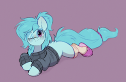 Size: 1138x746 | Tagged: safe, artist:rexyseven, oc, oc only, oc:whispy slippers, earth pony, pony, clothes, colored sketch, earth pony oc, female, glasses, looking at you, lying down, mare, missing cutie mark, one eye closed, prone, purple background, simple background, sketch, slippers, socks, solo, sweater