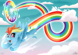 Size: 1920x1358 | Tagged: safe, artist:julunis14, rainbow dash, pegasus, pony, g4, sonic rainboom (episode), cloud, crying, cute, cutie mark, cutiespark, ear fluff, feather, female, filly, filly rainbow dash, flying, foal, hoof fluff, open mouth, open smile, outdoors, rainbow trail, sky, smiling, solo, sonic rainboom, spread wings, tears of joy, underhoof, wings, younger