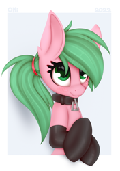 Size: 1095x1552 | Tagged: safe, artist:omi, oc, oc only, oc:pine berry, earth pony, pony, blushing, bust, chest fluff, clothes, collar, female, latex, latex socks, looking up, mare, ponytail, smiling, socks, solo, stockings, thigh highs