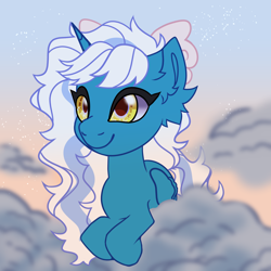 Size: 2120x2120 | Tagged: safe, artist:spotenyx, oc, oc:fleurbelle, alicorn, pony, alicorn oc, bow, cloud, female, hair bow, high res, horn, mare, on a cloud, sitting, sitting on a cloud, sky, smiling, solo, stars, wings, yellow eyes
