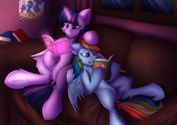 Size: 4961x3508 | Tagged: safe, artist:flapstune, rainbow dash, twilight sparkle, alicorn, pegasus, pony, g4, :p, absurd resolution, book, couch, dock, duo, duo female, eyebrows, eyebrows visible through hair, featureless crotch, female, frog (hoof), glowing, glowing horn, horn, indoors, lesbian, levitation, lying down, magic, magic aura, mare, on back, poster, reading, ship:twidash, shipping, signature, sitting, smiling, tail, telekinesis, tongue out, twilight sparkle (alicorn), underhoof, window, wings, wonderbolts poster