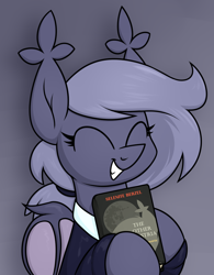 Size: 872x1116 | Tagged: safe, artist:moonatik, oc, oc only, oc:selenite, bat pony, book, bust, clothes, female, filly, foal, ponytail, school uniform, solo, teenager, younger