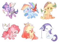 Size: 1200x871 | Tagged: safe, artist:dreamsugar, applejack, fluttershy, pinkie pie, rainbow dash, rarity, twilight sparkle, alicorn, bird, earth pony, parrot, pegasus, pony, unicorn, g4, applejack's hat, beak, beak hold, book, chest fluff, cowboy hat, cute, dashabetes, diapinkes, eye clipping through hair, female, floppy ears, flower, flying, glowing, glowing horn, hat, heart tongue, horn, jackabetes, magic, magic aura, mane six, mare, one eye closed, open mouth, open smile, paper, quill, raised hoof, raribetes, shyabetes, simple background, sitting, smiling, spread wings, telekinesis, twiabetes, twilight sparkle (alicorn), underhoof, white background, wings