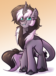 Size: 2944x4000 | Tagged: safe, artist:witchtaunter, oc, oc only, oc:grayscale, kirin, chest fluff, commission, ear fluff, gradient background, kirin oc, looking at you, male, raised hoof, smiling, smiling at you, solo, stallion, unshorn fetlocks