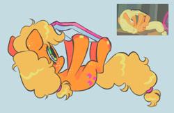 Size: 1418x924 | Tagged: safe, artist:peaceandlove26, screencap, applejack, earth pony, pony, g4, twilight's kingdom, book, female, lying down, on back, scene interpretation, screencap reference, silly, silly pony, solo, who's a silly pony