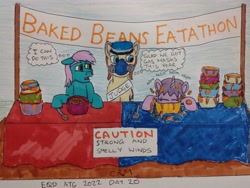 Size: 3431x2586 | Tagged: safe, artist:rapidsnap, oc, oc only, pony, baked beans, beans, eating, eating contest, food, gas mask, high res, implied farting, mask, spoon, this will end in farts, traditional art