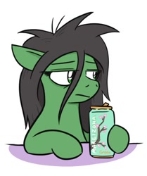 Size: 359x430 | Tagged: safe, artist:jargon scott, oc, oc only, oc:anon-mare, earth pony, pony, arizona ice tea, can, drink, female, ice tea, mare, simple background, solo, white background