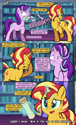 Size: 1920x3168 | Tagged: safe, artist:alexdti, starlight glimmer, sunset shimmer, pony, unicorn, comic:quest for friendship, g4, clothes, comic, crying, dialogue, duo, duo female, ears back, eyes closed, female, glowing, glowing horn, grammar error, gritted teeth, high res, hooves, horn, looking back, magic, mare, narrowed eyes, onomatopoeia, open mouth, open smile, raised hoof, scroll, slippers, smiling, speech bubble, standing, starry eyes, tears of pain, teary eyes, teeth, telekinesis, twilight's castle, wingding eyes