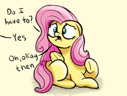 Size: 1806x1360 | Tagged: safe, artist:doodledonutart, fluttershy, pegasus, pony, atg 2022, dialogue, female, lying down, mare, missing cutie mark, newbie artist training grounds, offscreen character, prone
