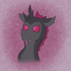 Size: 1070x1070 | Tagged: safe, artist:lil_vampirecj, oc, oc only, changeling, :p, bust, fangs, pink changeling, portrait, silly changeling, simple background, solo, tongue out