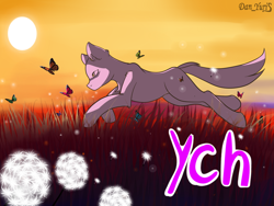 Size: 2080x1560 | Tagged: safe, artist:yuris, oc, oc only, butterfly, pony, advertisement, auction, commission, dandelion, running, solo, sun, sunset, ych sketch