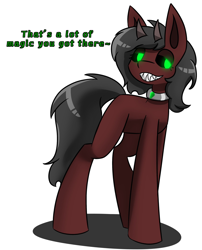 Size: 1658x2048 | Tagged: safe, artist:askhypnoswirl, oc, oc only, demon, demon pony, pony, black sclera, dialogue, eyebrows, eyebrows visible through hair, female, grin, horns, jewelry, lidded eyes, looking sideways, magic drain, mare, necklace, shadow, simple background, smiling, solo, standing, teeth, white background