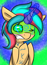 Size: 1381x1911 | Tagged: safe, artist:askhypnoswirl, oc, oc only, pony, unicorn, bipedal, blushing, drool, floppy ears, gritted teeth, hypno eyes, hypnogear, hypnosis, kaa eyes, magic, male, one eye closed, runes, solo, stallion, teeth