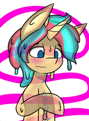 Size: 1506x2048 | Tagged: safe, artist:askhypnoswirl, oc, oc only, goo, goo pony, original species, pony, unicorn, bipedal, blushing, eyebrows, eyebrows visible through hair, male, raised hoof, runes, simple background, solo, stallion, wavy mouth