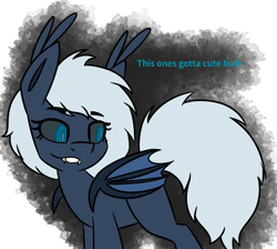 Size: 1889x1696 | Tagged: safe, artist:askhypnoswirl, oc, oc only, bat pony, pony, black sclera, dialogue, ear tufts, eye clipping through hair, eyebrows, eyebrows visible through hair, female, folded wings, lip bite, looking at butt, looking back, mare, possessed, simple background, solo, wings