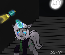 Size: 2048x1742 | Tagged: safe, artist:askhypnoswirl, oc, oc only, pony, unicorn, clothes, crying, disembodied head, eyebrows, eyebrows visible through hair, female, flashlight (object), floppy ears, magic, male, mare, o5, scared, scp, scp foundation, scp-087, solo, spooky, stairs