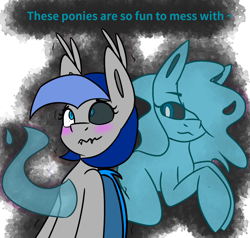 Size: 2048x1951 | Tagged: safe, artist:askhypnoswirl, oc, oc only, bat pony, ghost, ghost pony, pony, undead, bipedal, black sclera, blushing, dialogue, duo, ear tufts, eye color change, female, folded wings, mare, possessed, possession, simple background, wavy mouth, white background, wings