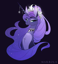 Size: 855x935 | Tagged: safe, artist:marbola, princess luna, alicorn, pony, g4, eyebrows, eyebrows visible through hair, female, looking at you, mare, purple background, signature, simple background, smiling, smiling at you, solo