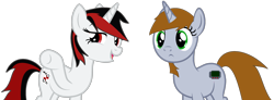 Size: 2649x971 | Tagged: safe, artist:katnekobase, artist:twilyisbestpone, oc, oc only, oc:blackjack, oc:littlepip, pony, unicorn, fallout equestria, fallout equestria: project horizons, base used, duo, duo female, fanfic art, female, mare, pointing, raised hoof, simple background, smiling, transparent background
