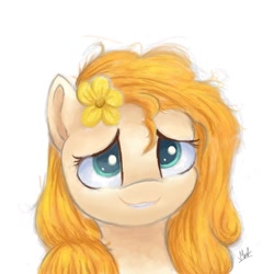 Size: 1280x1280 | Tagged: safe, artist:t15, pear butter, earth pony, pony, g4, bust, fanart, flower, green eyes, looking at you, messy mane, orange mane, simple background, smiling, solo, white background