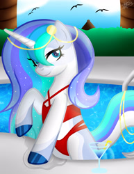 Size: 3000x3885 | Tagged: safe, artist:princessmoonsilver, oc, oc:aurora polaris, pony, unicorn, clothes, high res, red swimsuit, solo, summer, swimming pool, swimsuit, ych result