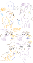 Size: 900x1700 | Tagged: safe, artist:doodledandy, oc, oc:doodledandy, oc:sunnyside, earth pony, pony, unicorn, butt, clothes, comic, diaper, diaper fetish, duo focus, female, fetish, male, mare, need to pee, non-baby in diaper, plot, potty time, simple background, skirt, stallion, white background
