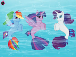 Size: 1024x768 | Tagged: safe, artist:emilynevla, rainbow dash, rarity, twilight sparkle, alicorn, pegasus, pony, seapony (g4), unicorn, g4, my little pony: the movie, blue eyes, blue mane, dorsal fin, female, fin wings, fins, fish tail, flowing mane, horn, logo, mare, ocean, pink eyes, purple eyes, seaponified, seapony rainbow dash, seapony rarity, seapony twilight, smiling, species swap, sunlight, tail, trio, twilight sparkle (alicorn), underwater, water, wings