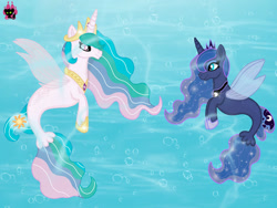 Size: 1024x768 | Tagged: safe, artist:emilynevla, princess celestia, princess luna, alicorn, seapony (g4), g4, clothes, colored pupils, crown, dorsal fin, ethereal mane, ethereal tail, female, fin wings, fins, fish tail, flowing mane, flowing tail, hoof shoes, horn, jewelry, logo, looking at each other, looking at someone, mare, ocean, peytral, regalia, royal sisters, seaponified, seapony celestia, seapony luna, see-through, siblings, sisters, smiling, species swap, starry mane, sunlight, tail, underwater, water, wings