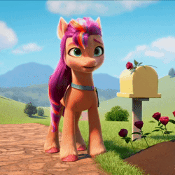 Size: 330x330 | Tagged: safe, screencap, sunny starscout, earth pony, pony, g5, my little pony: make your mark, my little pony: make your mark chapter 1, spoiler:my little pony: make your mark, animated, cropped, female, floppy ears, flower, gif, i watch it for the ears, mailbox, mane stripe sunny, mare, rose, solo