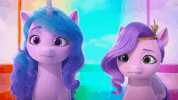 Size: 600x338 | Tagged: safe, screencap, izzy moonbow, pipp petals, pegasus, pony, unicorn, g5, my little pony: make your mark, my little pony: make your mark chapter 1, spoiler:my little pony: make your mark, animated, duo, female, gif, i watch it for the ears, mare