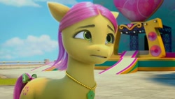 Size: 1264x716 | Tagged: safe, screencap, posey bloom, earth pony, pony, g5, my little pony: make your mark, my little pony: make your mark chapter 1, spoiler:my little pony: make your mark, bow, female, heart, jewelry, mare, necklace, solo, stage, tail, tail bow