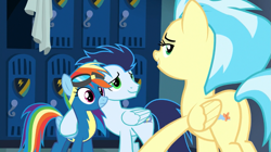 Size: 853x478 | Tagged: safe, screencap, misty fly, rainbow dash, soarin', pegasus, pony, g4, grannies gone wild, bedroom eyes, butt, clothes, female, hoof around neck, lidded eyes, locker room, looking back, male, mare, misty butt, plot, sexy, shipping fuel, stallion, stupid sexy misty fly, trio, uniform, wonderbolts uniform