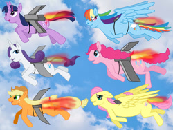 Size: 1280x960 | Tagged: safe, artist:galbin32, applejack, fluttershy, pinkie pie, rainbow dash, rarity, twilight sparkle, earth pony, pegasus, pony, unicorn, g4, anatomically incorrect, flying, jetpack, sky, sky background, unicorn twilight