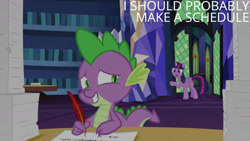 Size: 1280x720 | Tagged: safe, edit, edited screencap, editor:quoterific, screencap, spike, twilight sparkle, alicorn, dragon, pony, g4, once upon a zeppelin, season 7, duo, female, grin, male, mare, open mouth, open smile, smiling, text, twilight sparkle (alicorn), twilight's castle