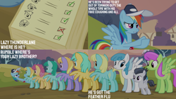 Size: 1280x720 | Tagged: safe, edit, edited screencap, editor:quoterific, screencap, cloud kicker, dizzy twister, helia, lightning bolt, merry may, orange swirl, rainbow dash, rumble, sassaflash, spring melody, sprinkle medley, sunshower raindrops, white lightning, pegasus, pony, g4, hurricane fluttershy, season 2, coach rainbow dash, colt, female, foal, male, mare, open mouth, spread wings, text, whistle, whistle necklace, wings