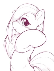 Size: 1028x1348 | Tagged: safe, artist:kurogewapony, marble pie, earth pony, pony, g4, female, hair over one eye, looking at you, mare, monochrome, simple background, solo, white background