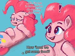 Size: 2732x2048 | Tagged: safe, artist:phutashi, pinkie pie, earth pony, pony, g4, atg 2022, blue background, dialogue, exclamation point, female, floppy ears, high res, lying down, mare, newbie artist training grounds, offscreen character, on back, simple background, solo