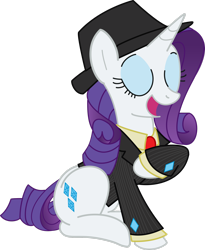 Size: 2220x2701 | Tagged: safe, artist:lelekhd, rarity, pony, unicorn, g4, 40s, clothes, eyes closed, fedora, female, hat, high res, mare, open mouth, simple background, solo, suit, transparent background