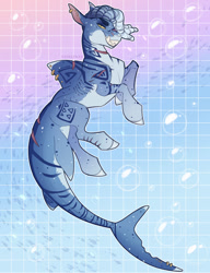 Size: 1280x1670 | Tagged: safe, artist:sadelinav, oc, oc only, fish, original species, shark, shark pony, bubble, digital art, dorsal fin, fangs, fins, fish tail, gills, grin, looking at you, male, shark grin, shark teeth, smiling, solo, swimming, tail, teeth, underwater, water, yellow eyes