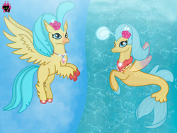 Size: 1024x768 | Tagged: safe, artist:emilynevla, princess skystar, classical hippogriff, hippogriff, seapony (g4), g4, my little pony: the movie, beak, blue eyes, blue mane, dorsal fin, feather, female, fin wings, fins, fish tail, flower, flower in hair, flowing mane, flowing tail, flying, glowing, jewelry, necklace, ocean, pearl necklace, sky, smiling, solo, spread wings, sunlight, tail, underwater, water, wings