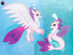 Size: 1024x768 | Tagged: safe, artist:emilynevla, queen novo, classical hippogriff, hippogriff, seapony (g4), g4, my little pony: the movie, beak, collar, colored pupils, crown, dorsal fin, feather, female, fins, fish tail, flowing tail, flying, glowing, jewelry, ocean, purple eyes, regalia, sky, smiling, solo, spread wings, tail, underwater, water, wings