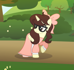 Size: 1751x1653 | Tagged: safe, artist:darbypop1, oc, oc:darby, alicorn, pony, alicorn oc, bow, clothes, dress, female, glasses, hair bow, horn, mare, raised hoof, solo, wings