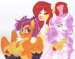 Size: 3753x2955 | Tagged: safe, artist:frozensoulpony, apple bloom, scootaloo, sweetie belle, earth pony, pegasus, pony, unicorn, g4, cutie mark crusaders, eyebrows, eyes closed, female, grin, high res, mare, older, older apple bloom, older cmc, older scootaloo, older sweetie belle, open mouth, open smile, simple background, smiling, traditional art, trio, trio female, white background