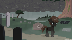 Size: 1920x1080 | Tagged: safe, artist:willoillo, earth pony, pony, commission, cover, fanfic art, gravestone, graveyard, overcast, solo, tree