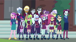 Size: 994x544 | Tagged: safe, edit, edited screencap, screencap, dean cadance, indigo zap, jet set, lemon zest, neon lights, pokey pierce, princess cadance, principal abacus cinch, rising star, sci-twi, sour sweet, sugarcoat, sunny flare, suri polomare, trenderhoof, twilight sparkle, upper crust, human, equestria girls, g4, my little pony equestria girls: friendship games, clothes, crystal prep academy uniform, crystal prep shadowbolts, end credits, female, group photo, male, plaid skirt, pocket watch, pocket watch chain, right there in front of me, school uniform, serious, shadow five, skirt